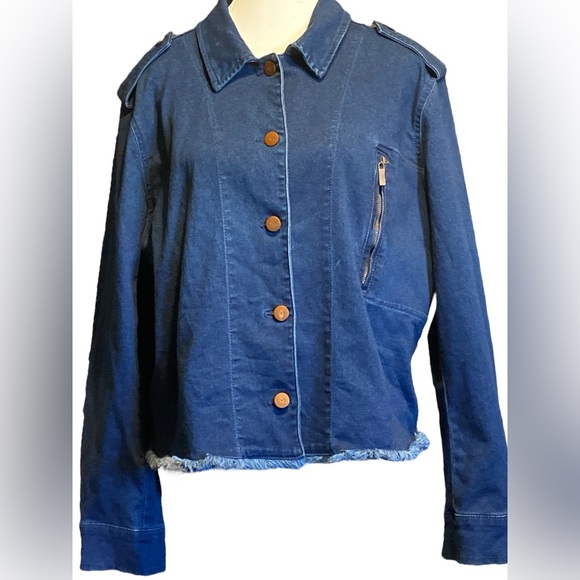 Jones New York denim ja features button down, epaulets, and a frayed hem. - Picture 1 of 6